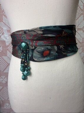Upcycled Silk Wrap Belt with Beaded Brooch